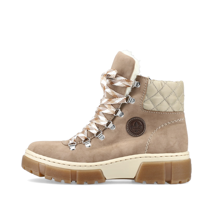 Braunbeige Rieker Damen Schnürstiefel X8647-64 mit Schnürung und Reißverschluss. Schuh Außenseite