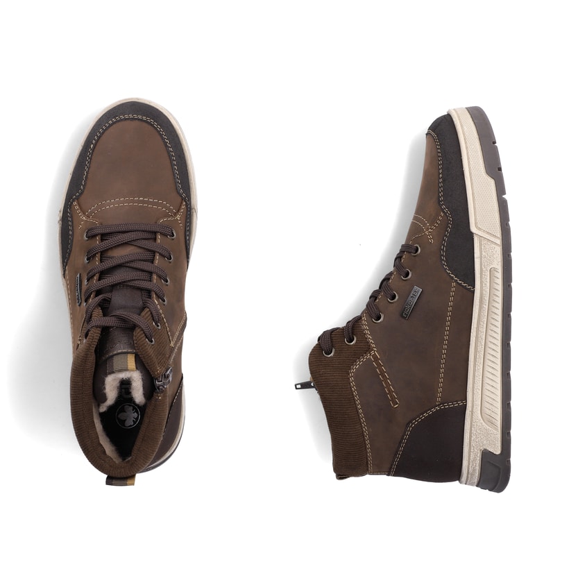 Dunkelbraune Rieker Herren Sneaker High 36042-25 aus Rauleder. Schuh von oben, liegend.