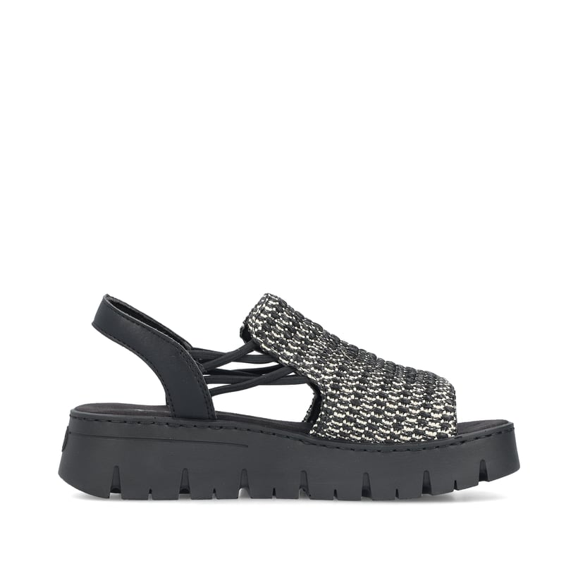 Sandales compensées Rieker noires femme V1051-00 avec bande élastique. Intérieur de la chaussure.