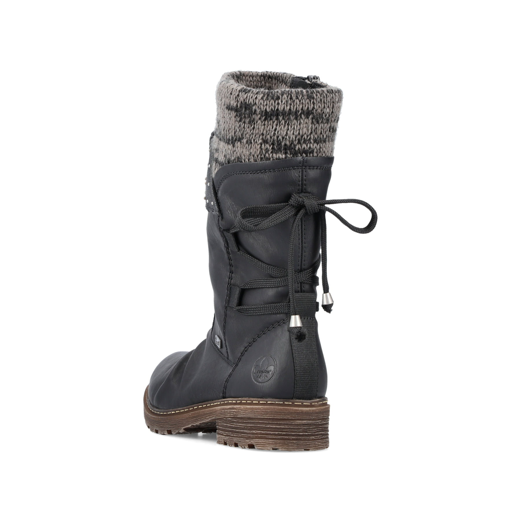 Tiefschwarze Rieker Damen Kurzstiefel Z4773-01 mit einer robusten Profilsohle. Schuh von hinten