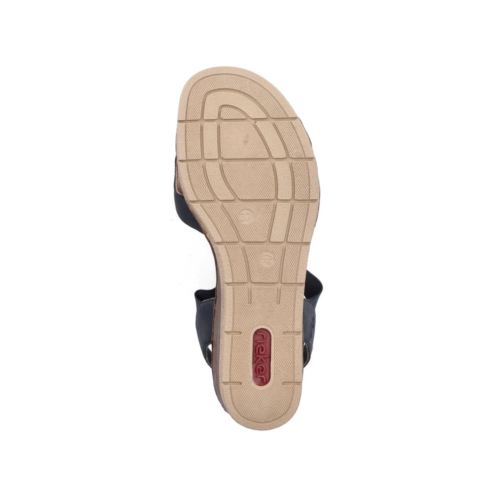 Blaue Rieker Keilsandaletten 63798-14 mit einem Gummizug. Schuh Laufsohle.