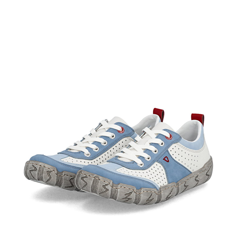 Weißblaue Rieker Damen Schnürschuhe L0307-80 mit eleganten Zierlochungen. Schuhpaar seitlich schräg.