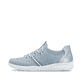 Blaue vegane Rieker Damen Slipper L7462-12 mit einem Gummizug. Schuh Außenseite.