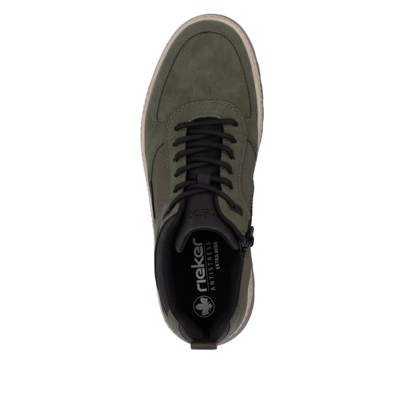 Dunkelgrüne Rieker Herren Schnürschuhe 37004-54 mit einem Reißverschluss. Schuh von oben.