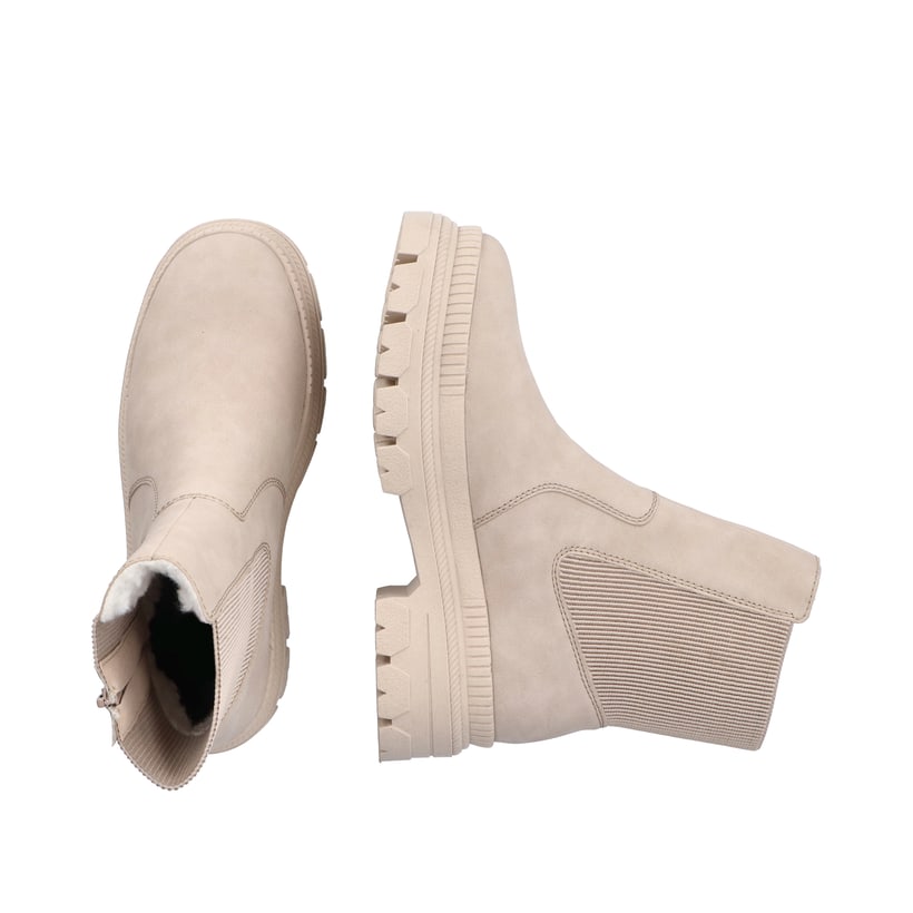 Hellbeige Rieker Damen Chelsea Boots Y9373-62 mit einem Reißverschluss. Schuh von oben, liegend.