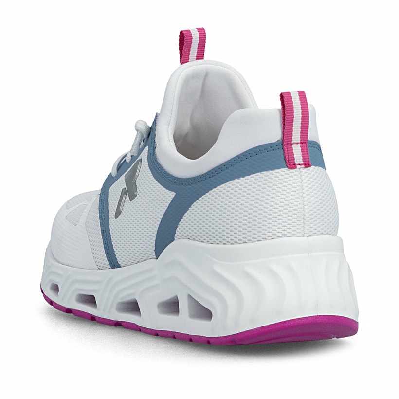 Weiße vegane Rieker Damen Slipper N5258-80 mit Gummizug sowie der Komfortweite G. Schuh von hinten.