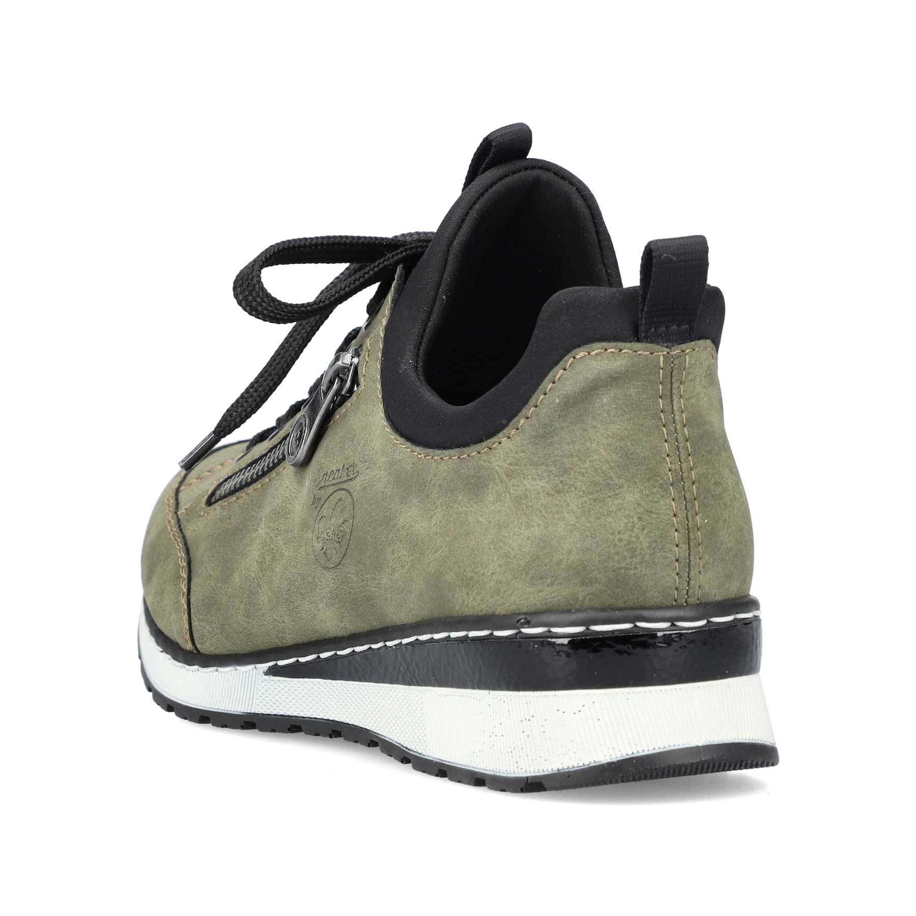 Khakigrüne Rieker Damen Slipper 54470-55 mit Elastikeinsatz sowie einer leichten Sohle. Schuh von hinten
