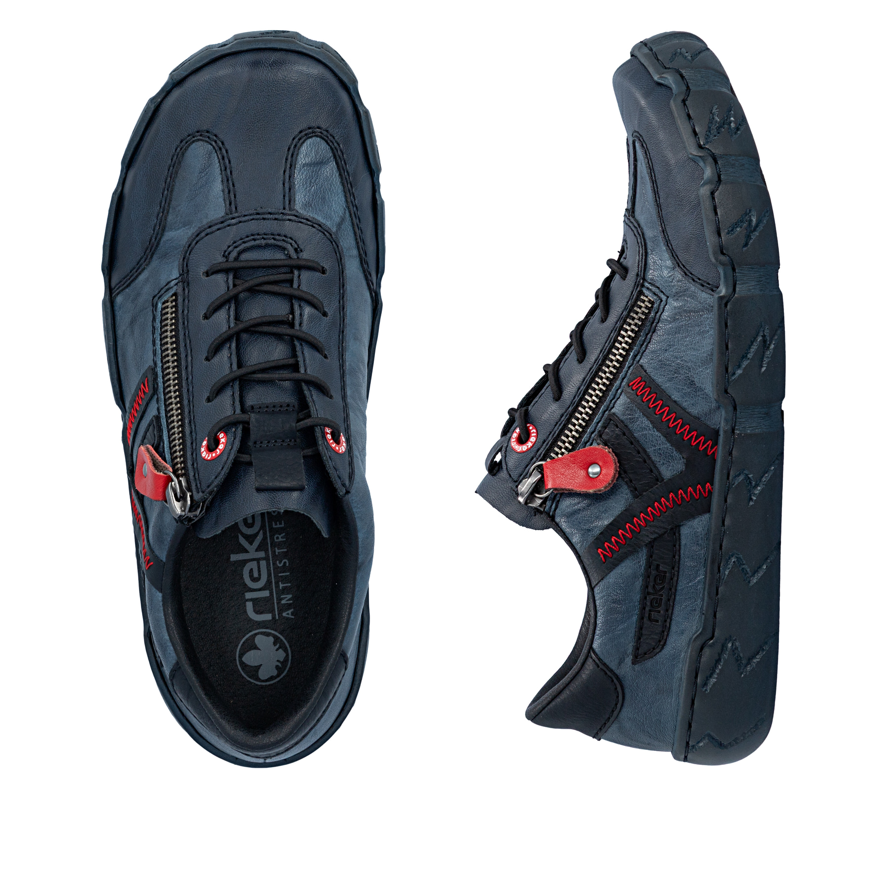 Mocassins Rieker bleus pour femmes L0363-14 avec détails colorés. Chaussure vue de dessus, couchée.