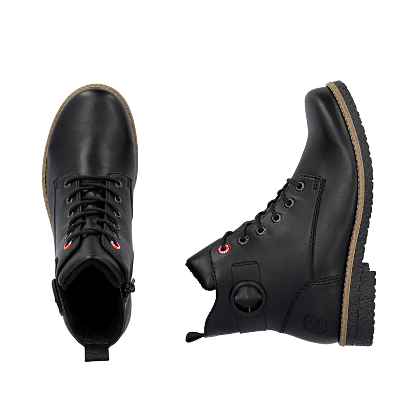 Schwarze Rieker Damen Schnürstiefel 73520-00 mit Deko-Schnalle. Schuh von oben, liegend.