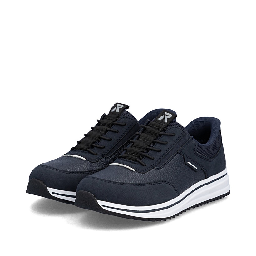 Blaue Rieker Damen Slipper L5850-14 mit Ready2GO easy in Funktion sowie Gummizug. Schuhpaar seitlich schräg.