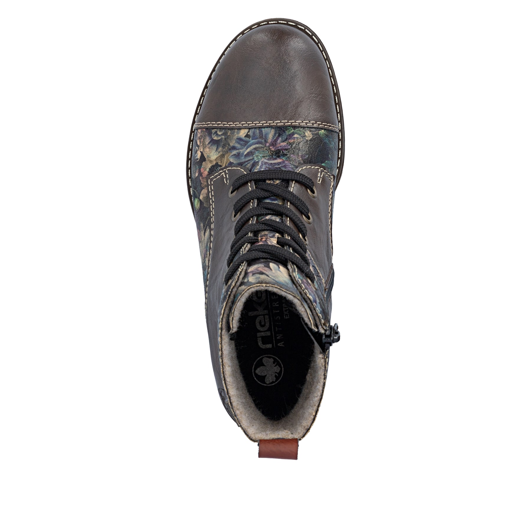 Braune Rieker Damen Schnürstiefel 74800-25 mit wasserabweisender TEX-Membran. Schuh von oben.