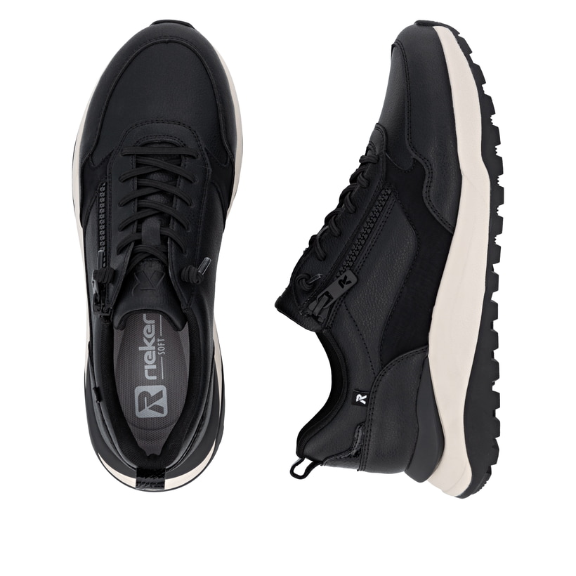 Schwarze Rieker Damen Sneaker Low W2504-00 aus Glattleder mit Reißverschluss. Schuh von oben, liegend.