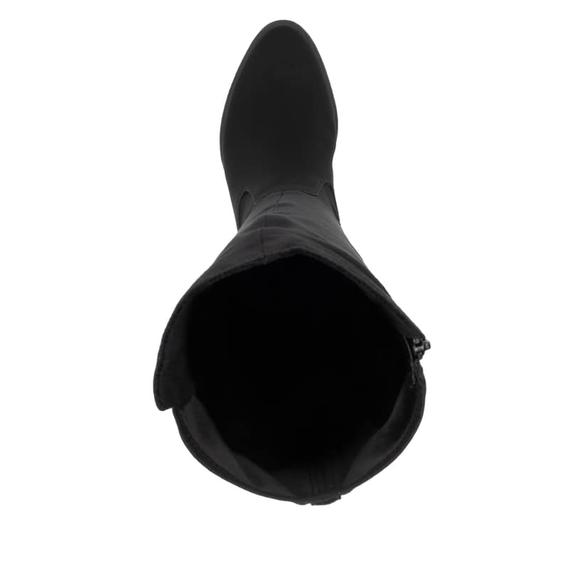 Schwarze Rieker Damen Hochschaftstiefel Y2050-01 mit einem Reißverschluss. Schuh von oben.
