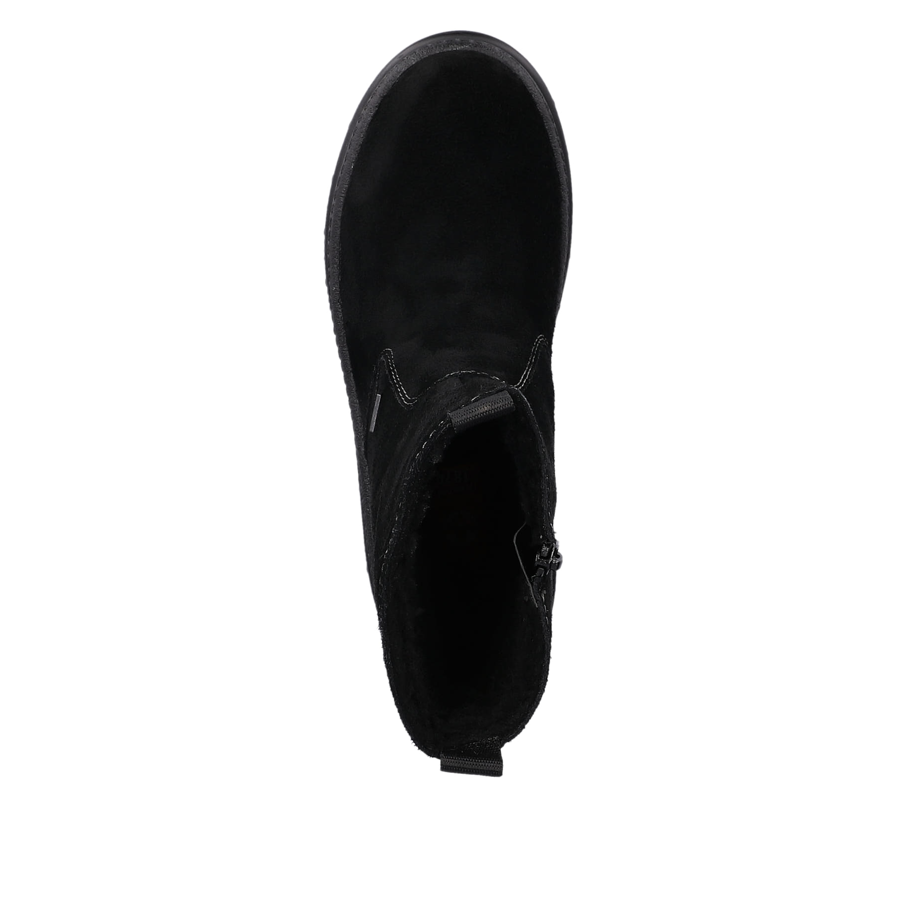 Tiefschwarze Rieker Damen Kurzstiefel X8250-00 mit Flip-Grip Sohle. Schuh von oben.