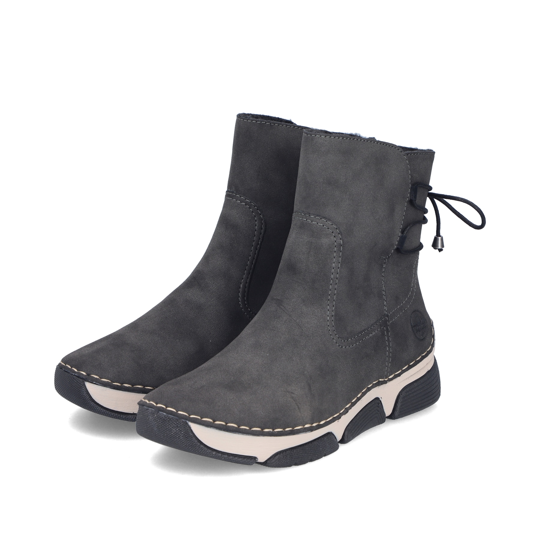Dunkelgraue Rieker Damen Kurzstiefel 45990-45 mit einem Reißverschluss. Schuhpaar seitlich schräg.