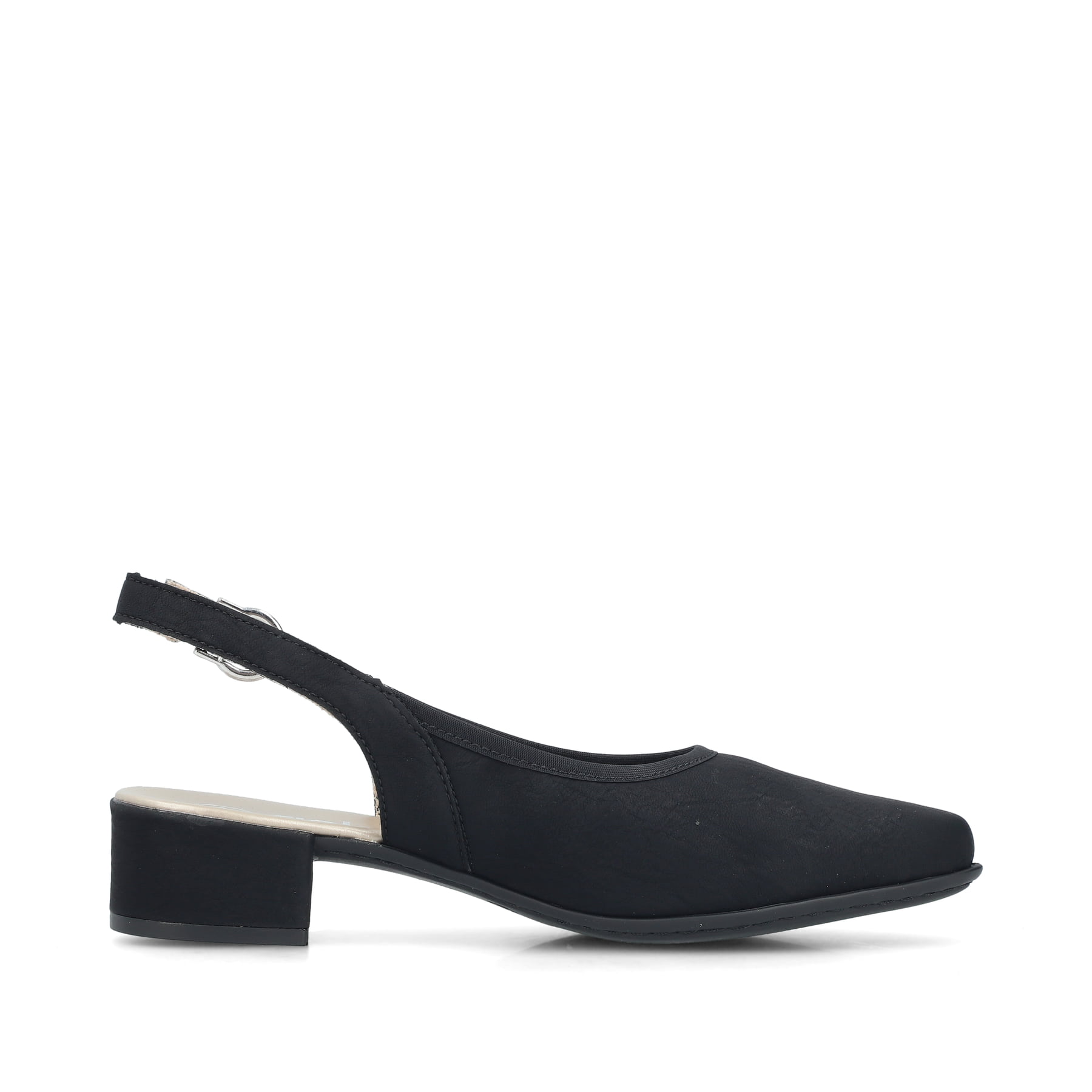 Schwarze Rieker Slingpumps 47060-00 mit Schnalle sowie einer leichten Sohle. Schuh Innenseite.