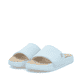 Blaue Rieker Damen Pantoletten W3250-12 mit flexibler und ultraleichter Sohle. Schuhpaar seitlich schräg.