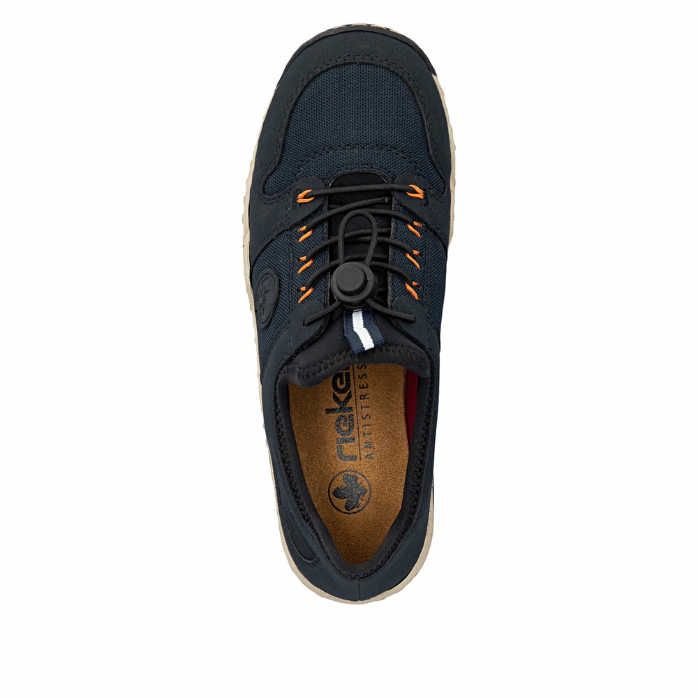 Dunkelblaue Rieker Damen Slipper L0593-14 mit einem Gummizug. Schuh von oben.