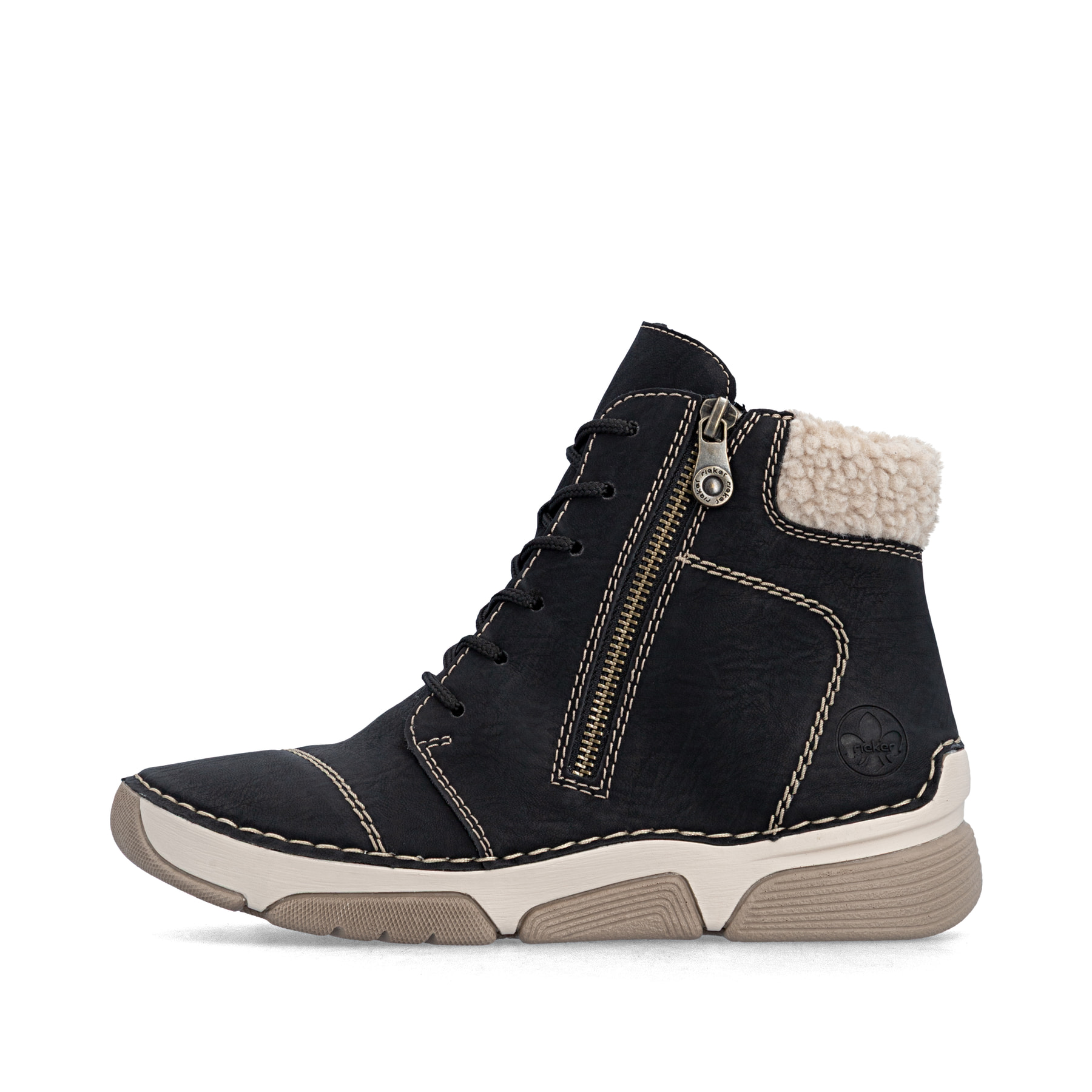 Schwarzbeige Rieker Damen Schnürstiefel 45931-00 mit einem Reißverschluss. Schuh Außenseite.