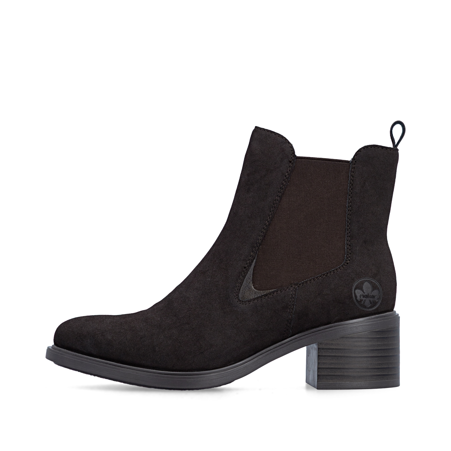 Chelsea Boots Rieker marron pour femmes 74160-25 avec fermeture éclair. Côté extérieur de la chaussure.