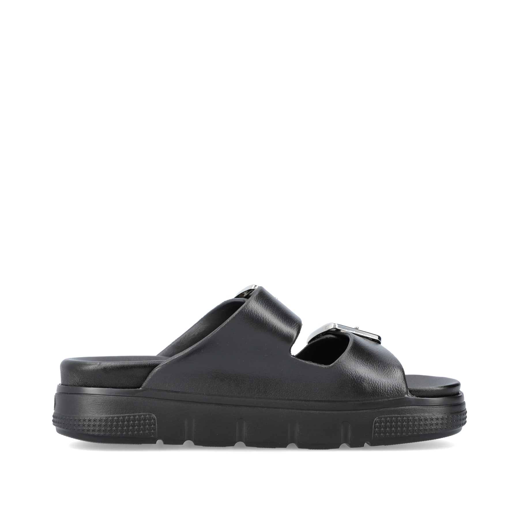 Schwarze Rieker Damen Pantoletten P2180-00 mit Schnallen sowie flexibler Sohle. Schuh Innenseite.