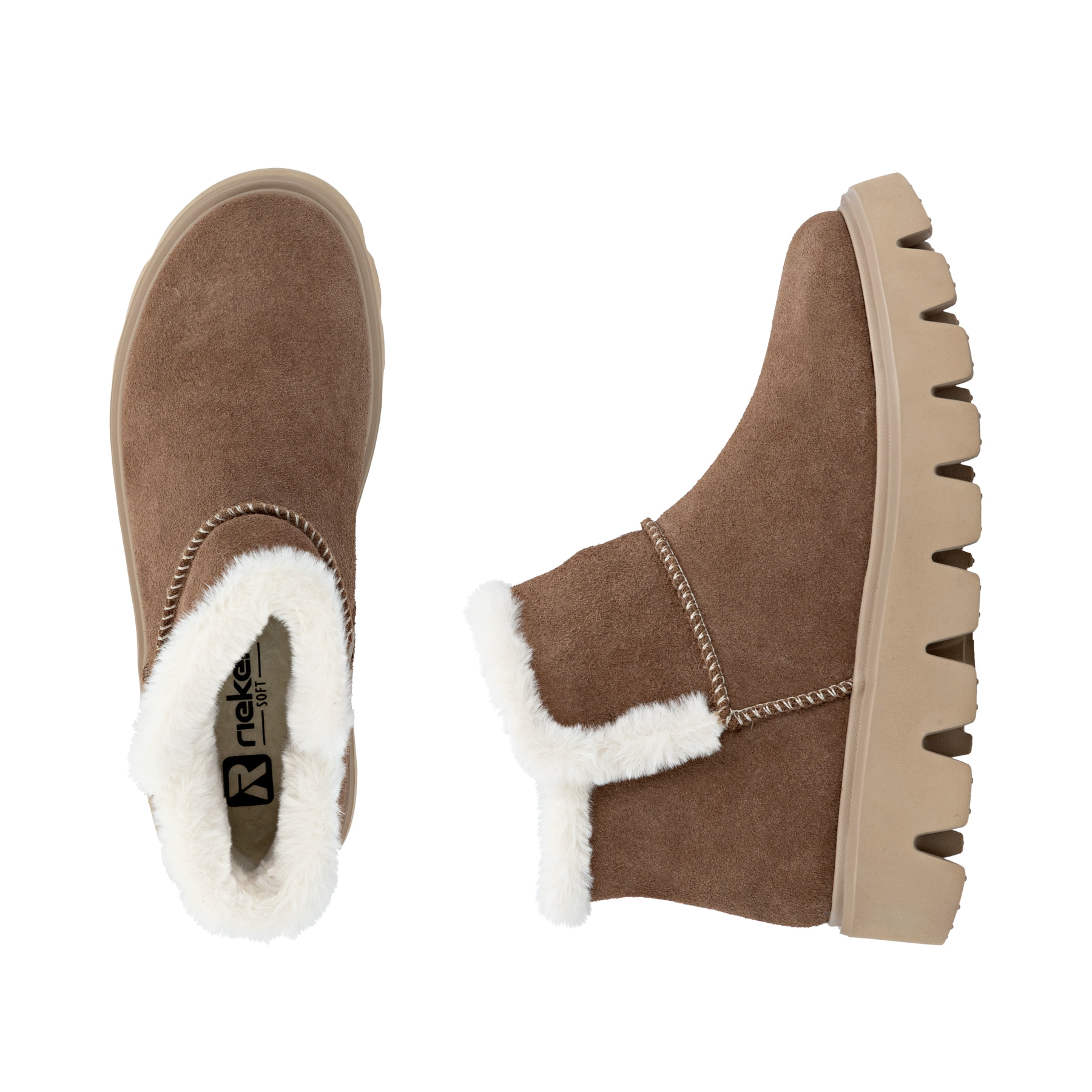 Braune Rieker Damen Kurzstiefel W2071-20 aus Rauleder mit flauschigem Schaftrand. Schuh von oben, liegend.