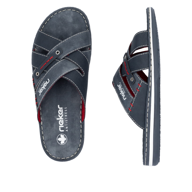 Blaue Rieker Herren Pantoletten 21099-15 mit der Komfortweite G. Schuh von oben, liegend.