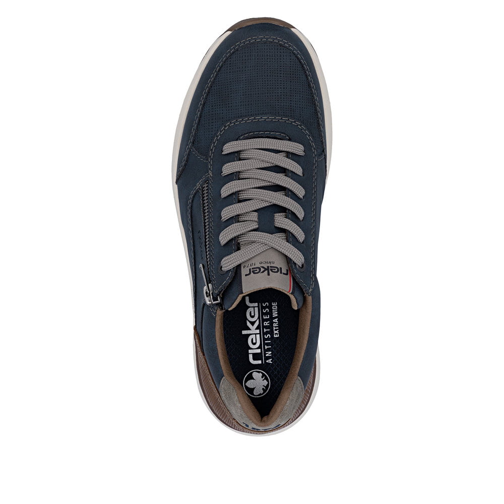 Baskets basses Rieker bleues pour homme 11504-14 avec fermeture éclair. Chaussure vue de dessus.