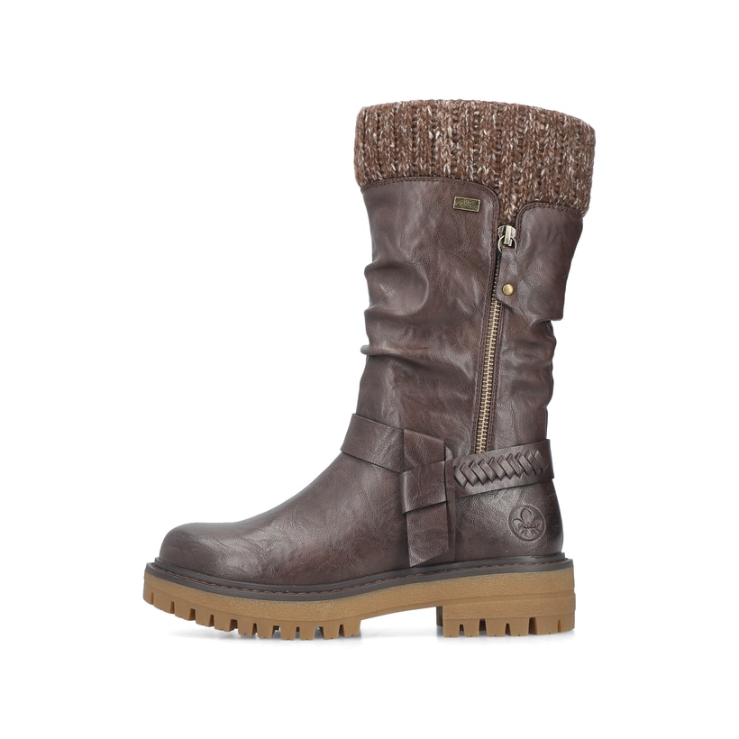 Dunkelbraune Rieker Damen Hochschaftstiefel 92984-25 mit modischer Faltenoptik. Schuh Außenseite.
