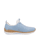 Himmelblaue Rieker Damen Slipper N4285-10 mit einer Gummischnürung. Schuh Innenseite.