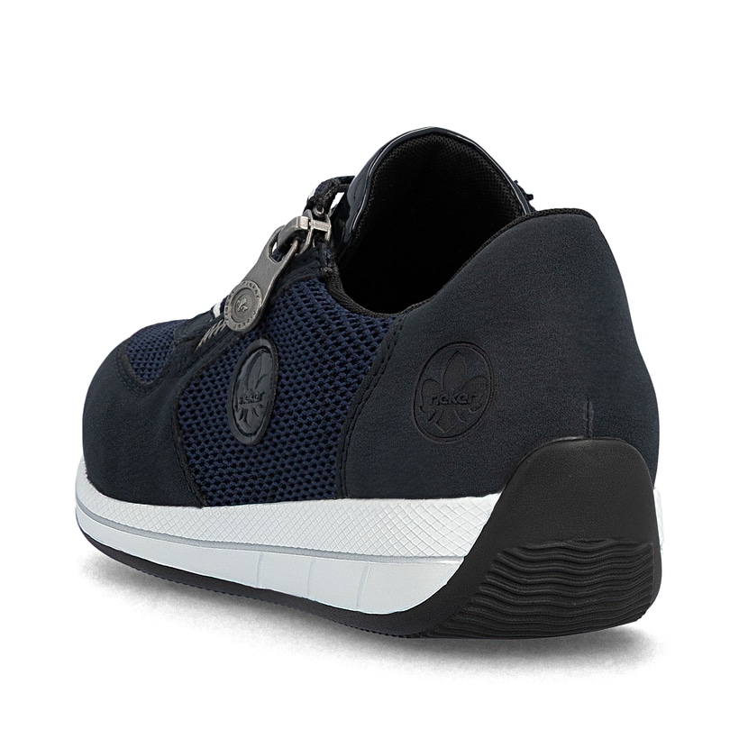 Blaue Rieker Damen Sneaker Low N1111-14 mit einem Reißverschluss. Schuh von hinten.