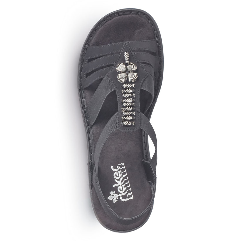 Sandales à lanières Rieker noires femme 60806-00 avec éléments décoratifs. Chaussure vue de dessus.