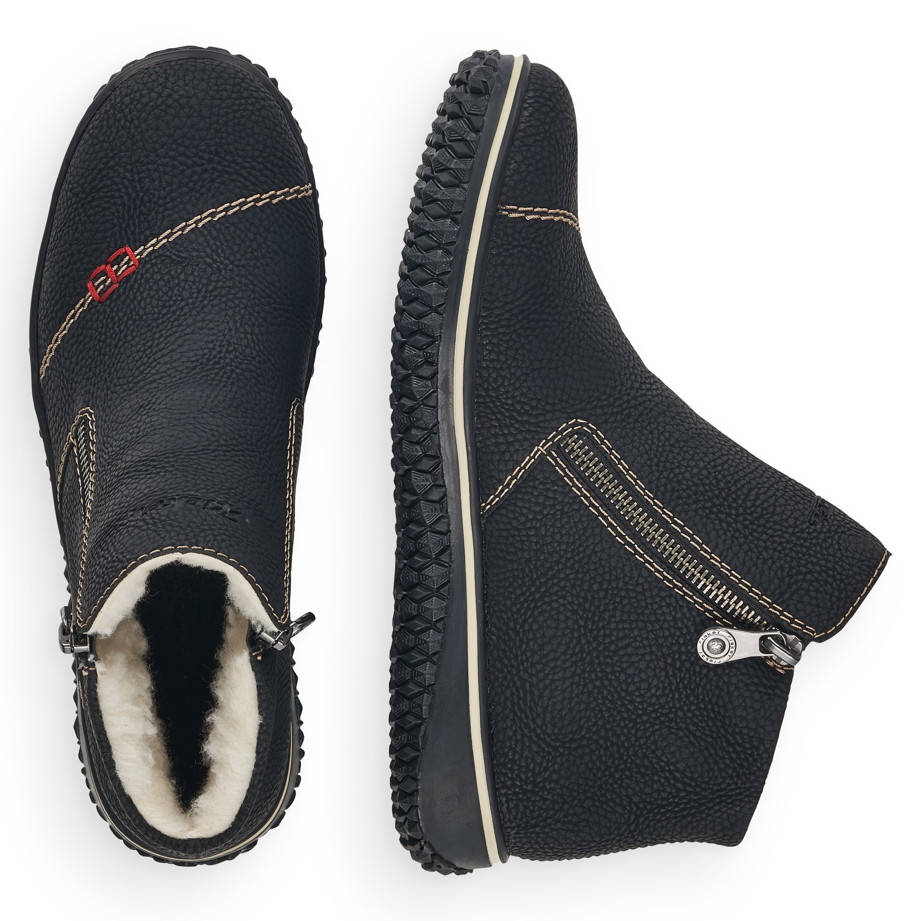 Schwarze Rieker Damen Slipper L4270-00 mit wasserabweisender RiekerTEX-Membran. Schuh von oben, liegend.