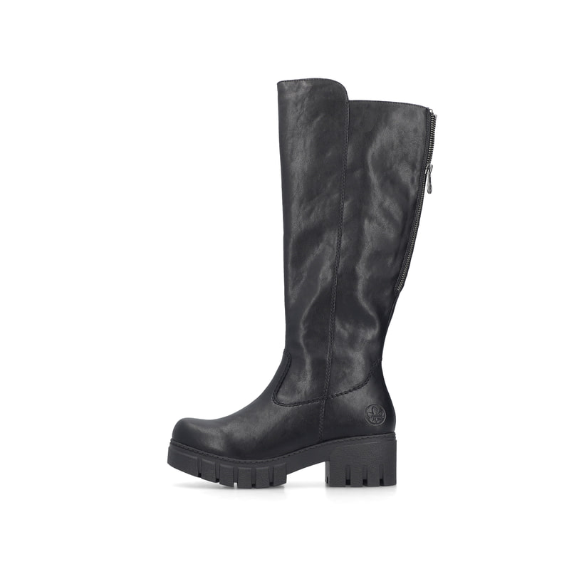 Schwarze Rieker Damen Hochschaftstiefel 74597-00 mit einem Reißverschluss. Schuh Außenseite.