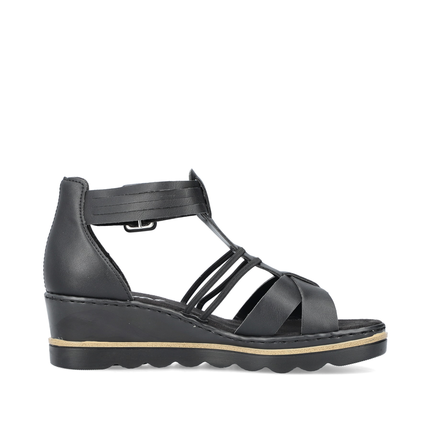 Schwarze Rieker Keilsandaletten 67480-01 mit trendigen Schnalle. Schuh Innenseite.