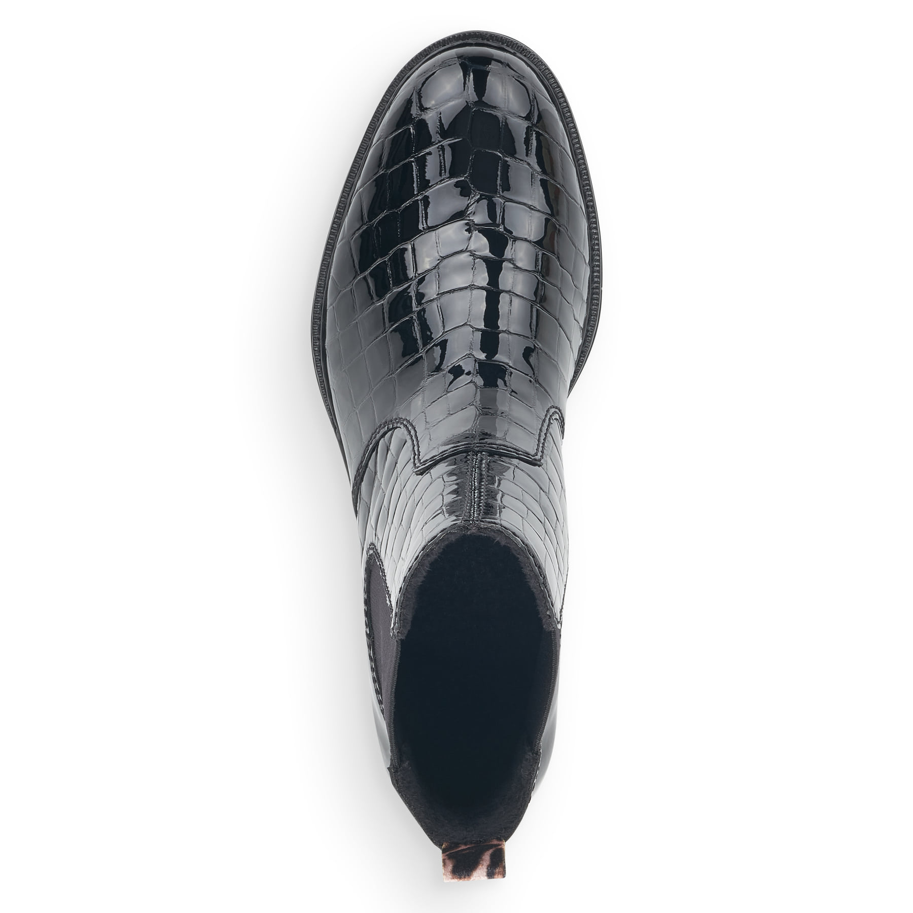 Urbanschwarze Rieker Damen Chelsea Boots 73494-00 mit Elastikeinsatz. Schuh von oben.