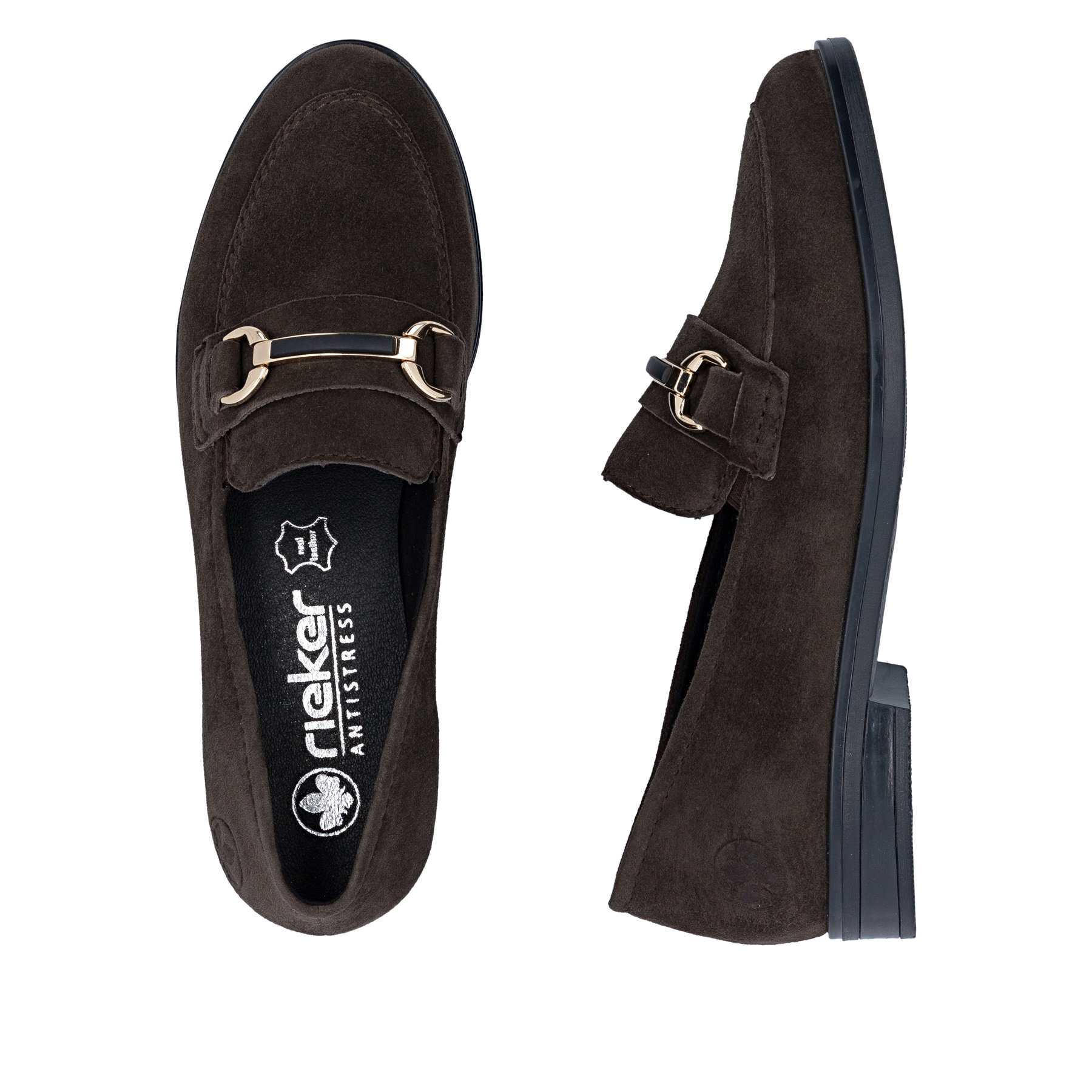 Dunkelbraune Rieker Damen Loafer 46262-25 aus Rauleder mit Schmuckelementen. Schuh von oben, liegend.