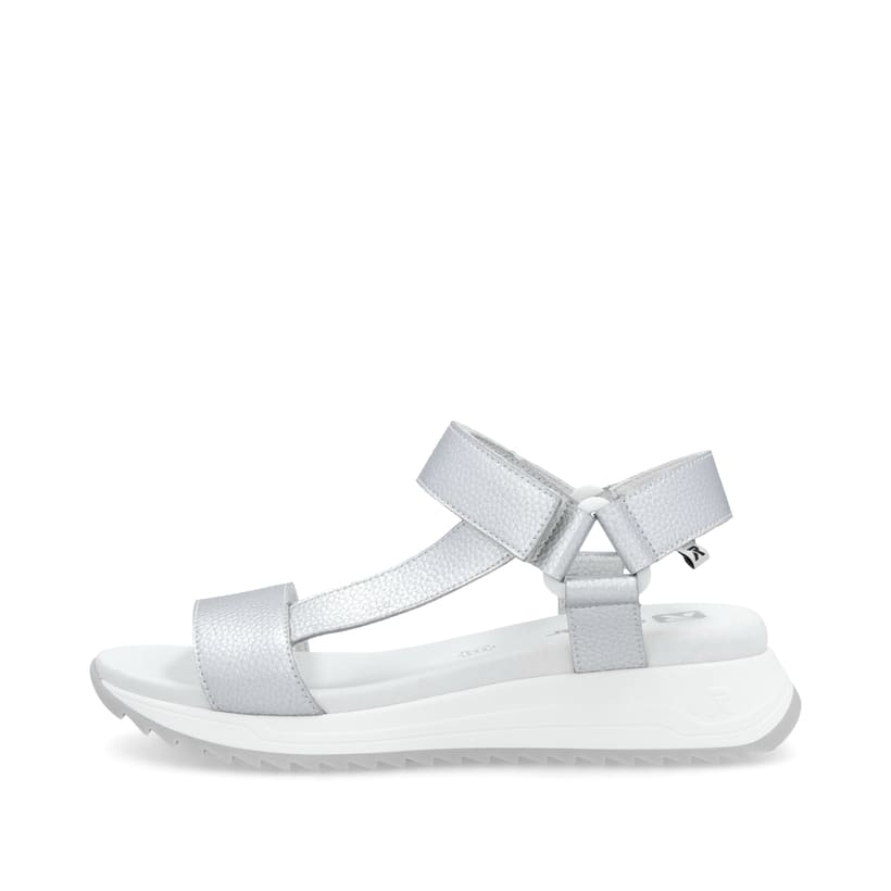 Silberne Rieker Damen Trekkingsandalen W2951-90 mit einem Klettverschluss. Schuh Außenseite.