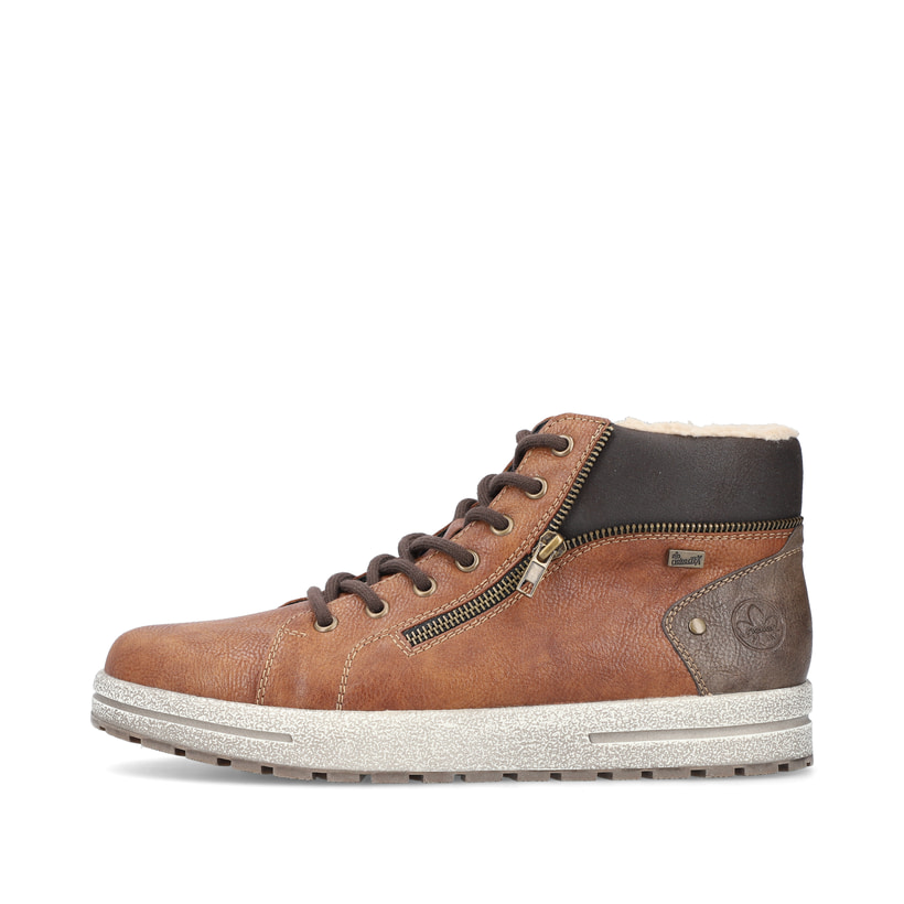 
Karamellbraune Rieker Herren Schnürschuhe 30705-25 mit einer robusten Profilsohle. Schuh Außenseite