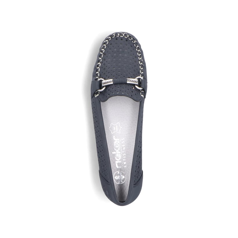Blaue Rieker Damen Loafer 40065-15 mit der schmalen Passform E 1/2. Schuh von oben.