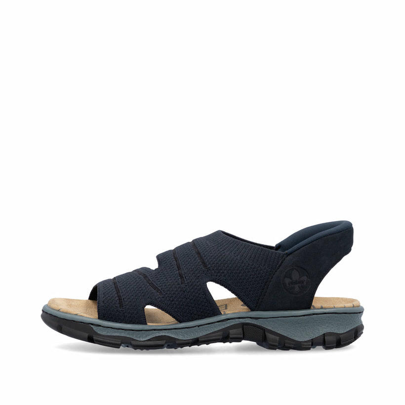 Blaue vegane Rieker Damen Trekkingsandalen 68895-14 mit Ready2GO Slip-in Feature. Schuh Außenseite.