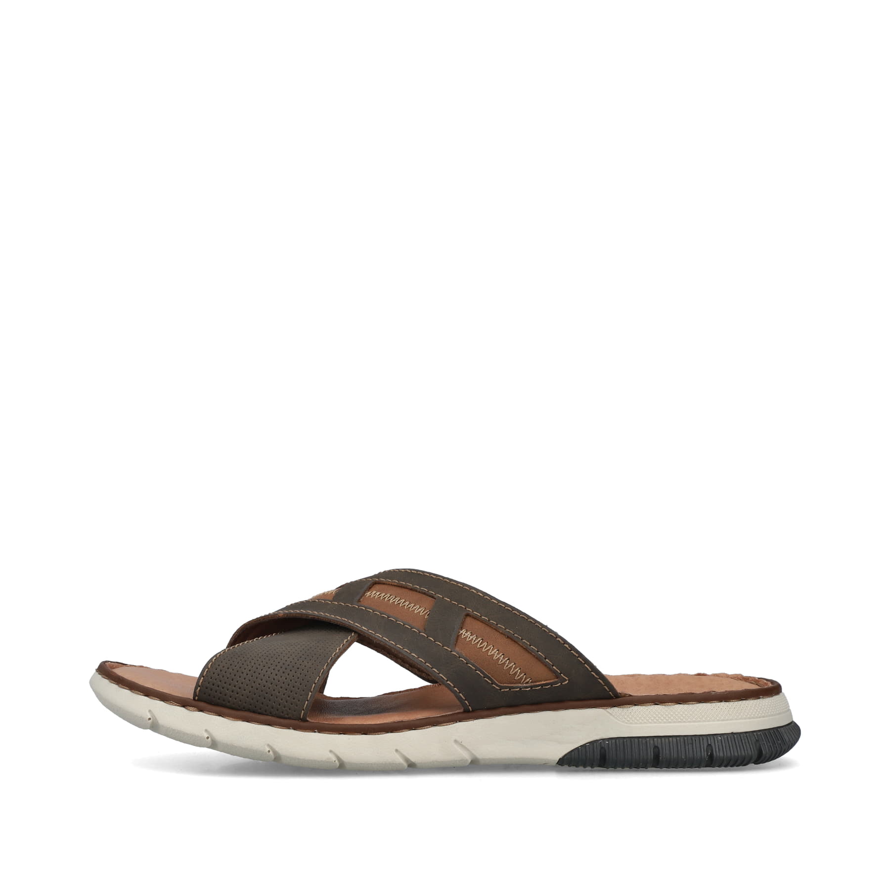 Braune Rieker Herren Pantoletten 25252-25 mit der Komfortweite G 1/2. Schuh Außenseite.
