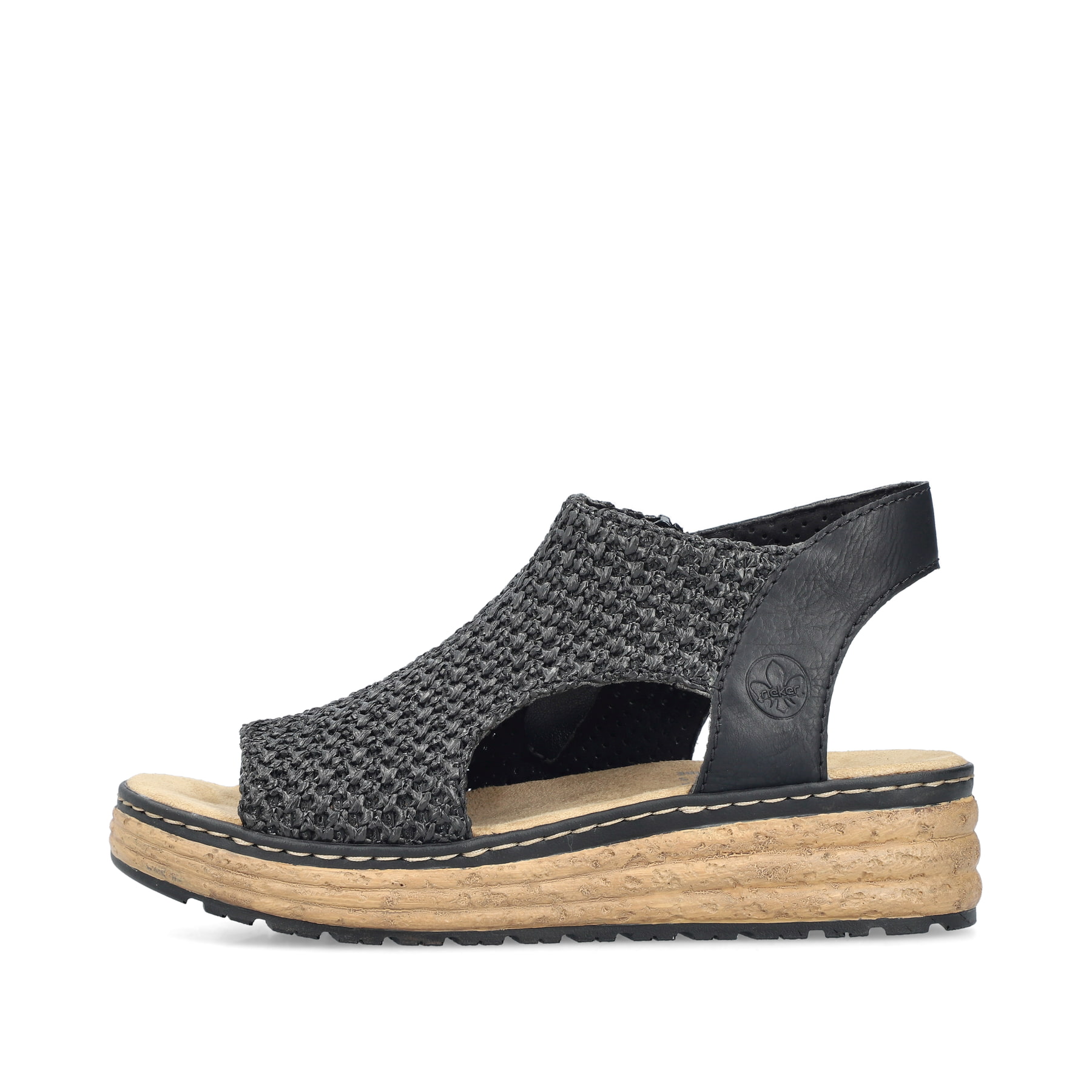 Schwarze Rieker Keilsandaletten 62783-00 mit Reißverschluss sowie Extraweite H. Schuh Außenseite.
