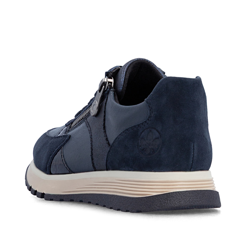 Dunkelblaue Rieker Damen Sneaker Low 49010-14 aus Rauleder mit Reißverschluss. Schuh von hinten.