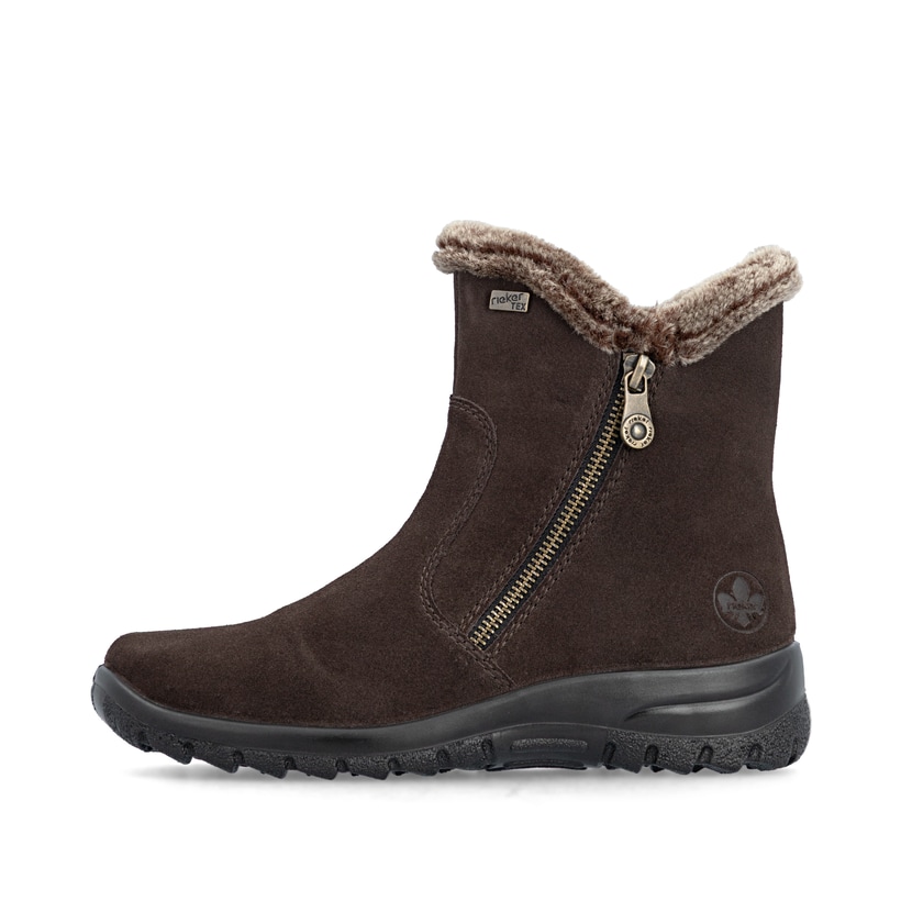 Dunkelbraune Rieker Damen Kurzstiefel L7162-25 aus Rauleder. Schuh Außenseite.