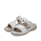 Graue Rieker Damen Pantoletten 60481-40 mit einem Klettverschluss. Schuhpaar seitlich schräg.
