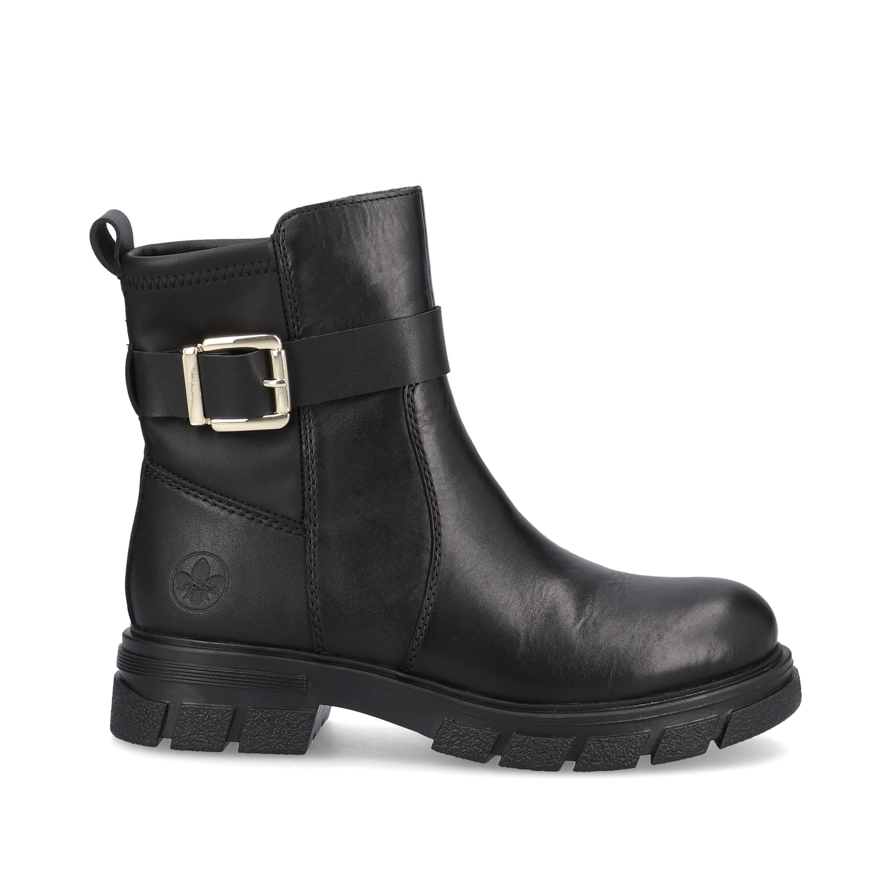 Schwarze Rieker Damen Kurzstiefel Z9174-00 mit Zierschnalle sowie Reißverschluss. Schuh Außenseite gespiegelt.