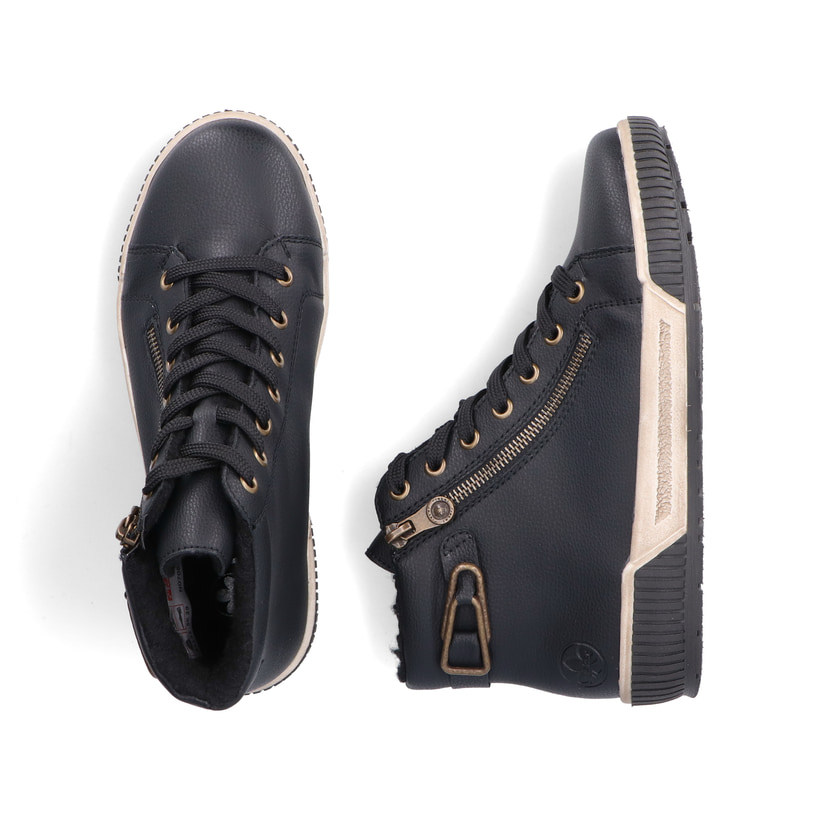Asphaltschwarze Rieker Damen Schnürstiefel N0708-00 mit einem Reißverschluss. Schuh von oben, liegend.