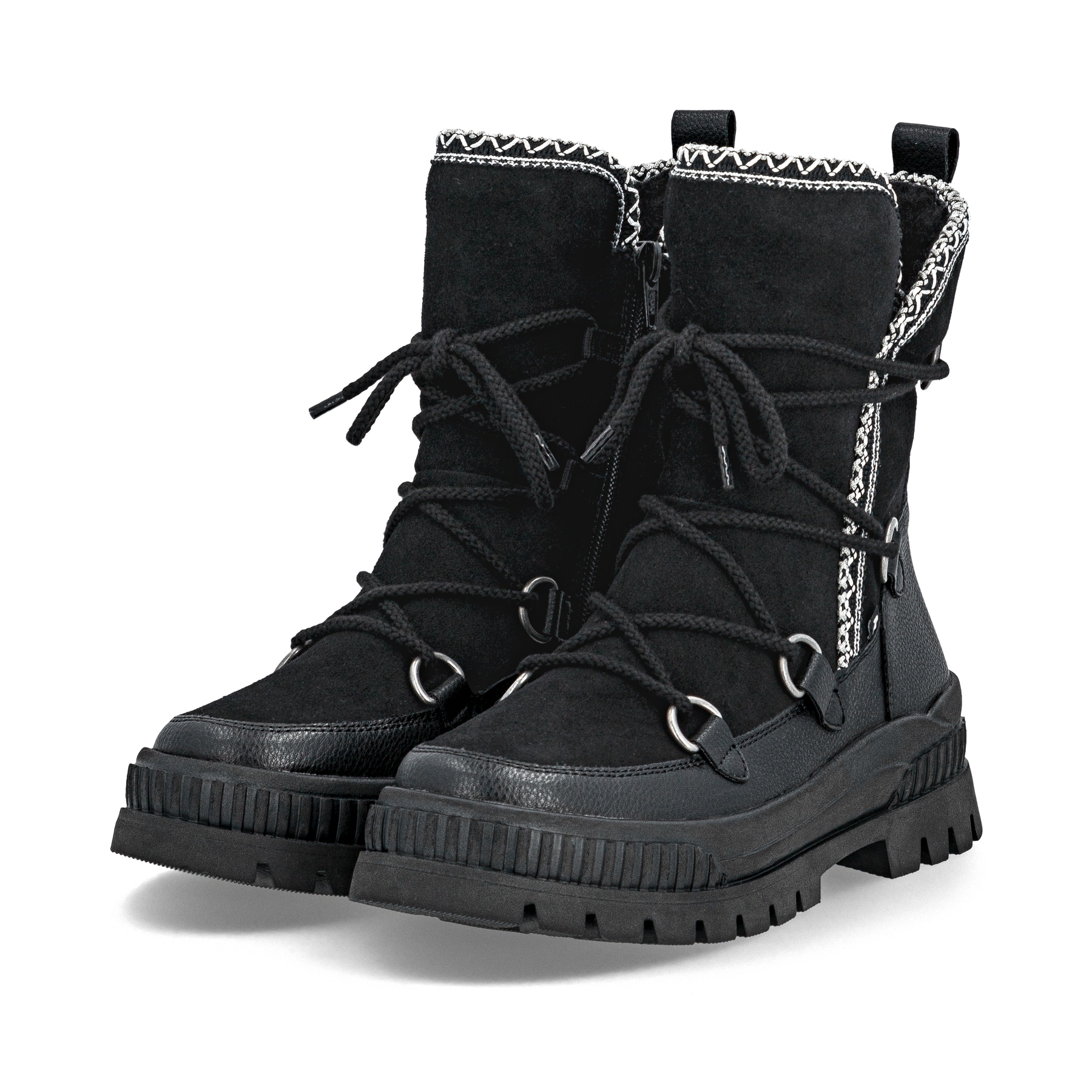 Schwarze Rieker Damen Kurzstiefel W2175-00 aus Rauleder mit weißer Zickzack-Naht. Schuhpaar seitlich schräg.