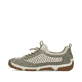 Grüne Rieker Damen Slipper 55960-52 mit Gummizug sowie extra weicher Decksohle. Schuh Außenseite.